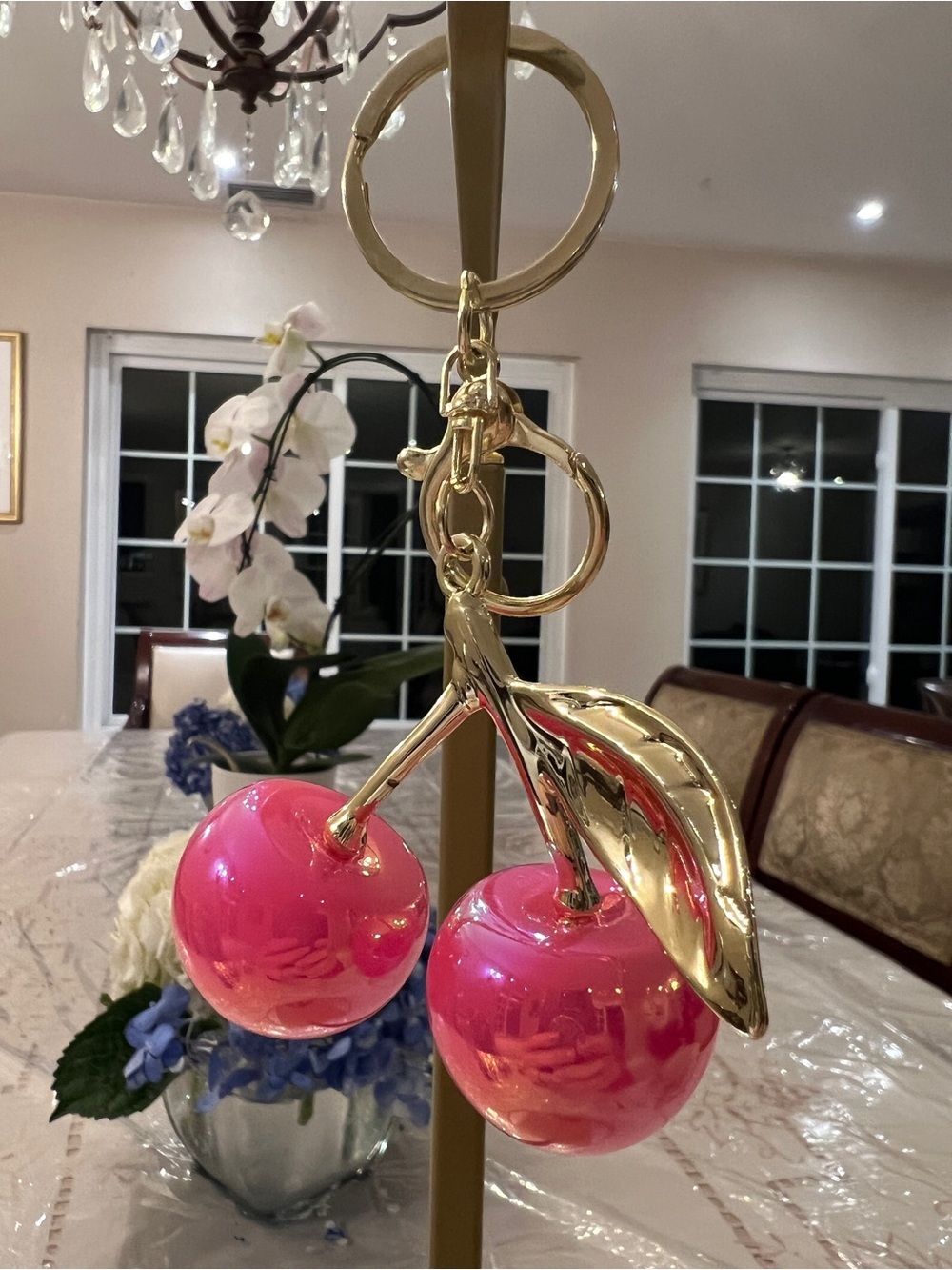 Iridescent Cherry Bag Charm Keychain | Pink Ombre Purse Charm Gold Tone - Picture 3 of 3